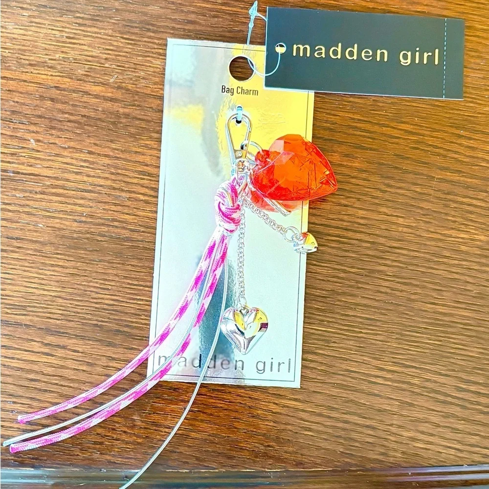 Madden Girl Silver Heart Bag Charm, Key Chain with Red and Pink Accents